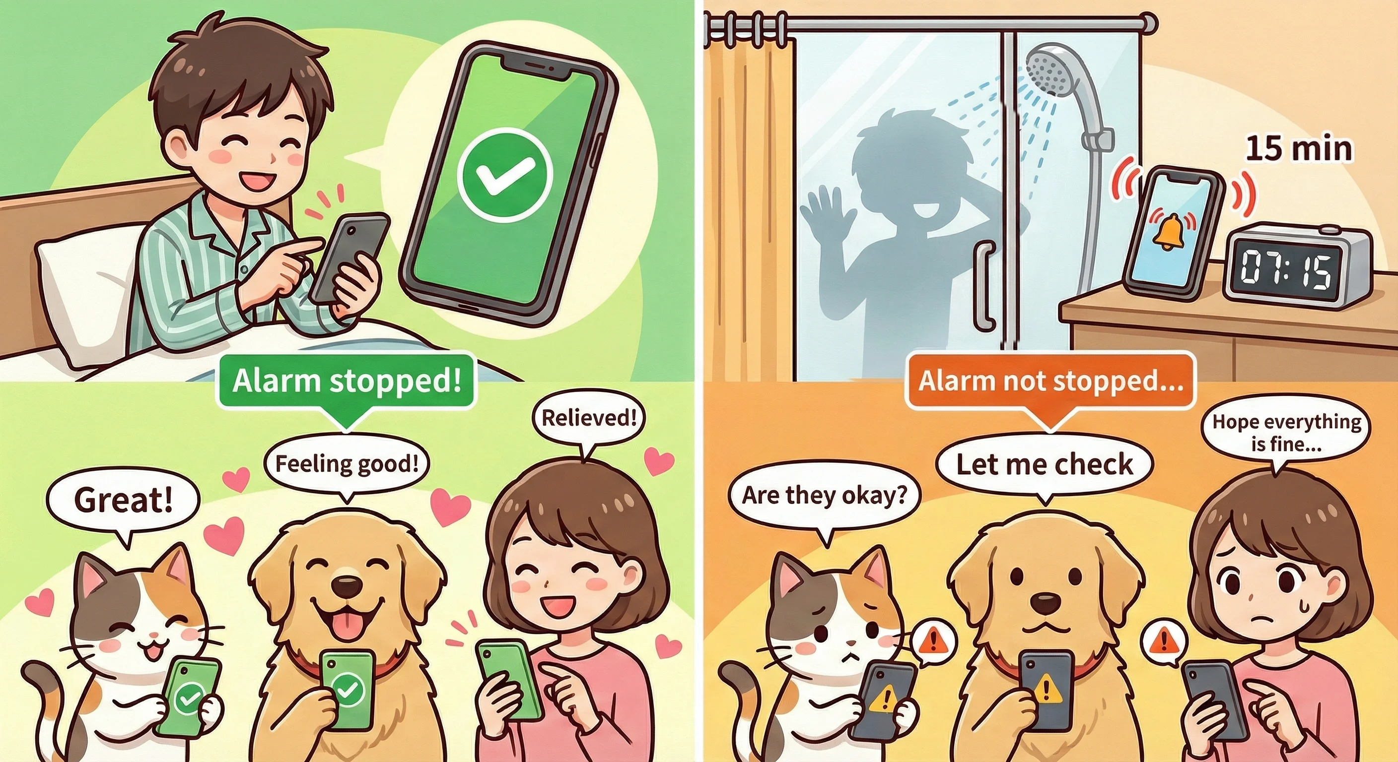 Alarm stopped means peace of mind, alarm not stopped triggers notification